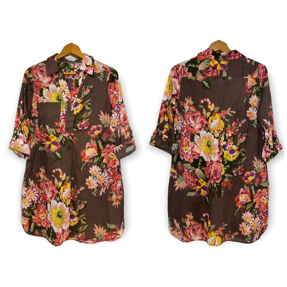 Soft Surroundings Brown Flora Tunic Floral Top SZ M